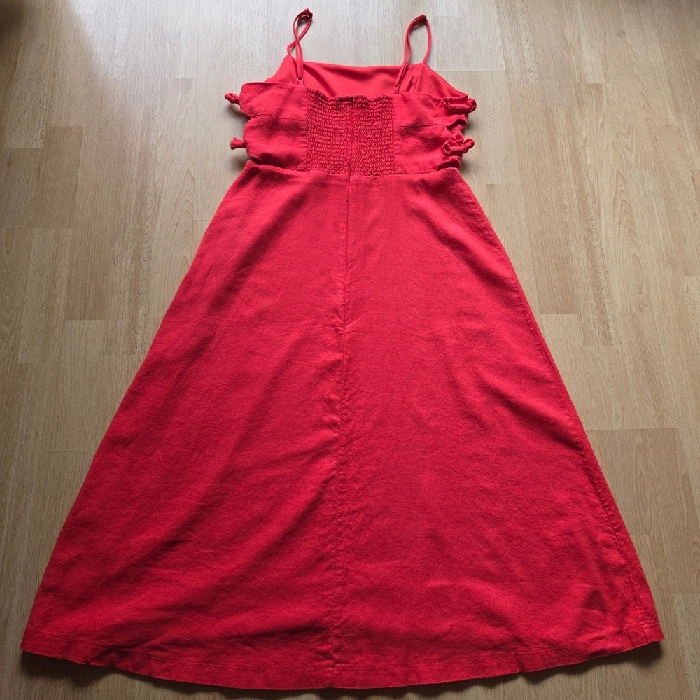WAYF Red Linen Blend Side Cutout Midi Dress Womens Large Smocked Back Summer - Picture 10 of 11